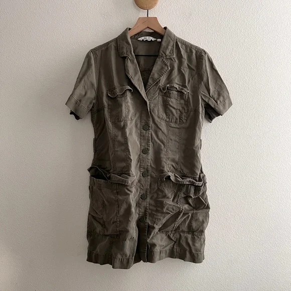 other stories green linen dress & Other Stories Green Palm Tree Puff Sleeves Linen Midi Dress Size 38